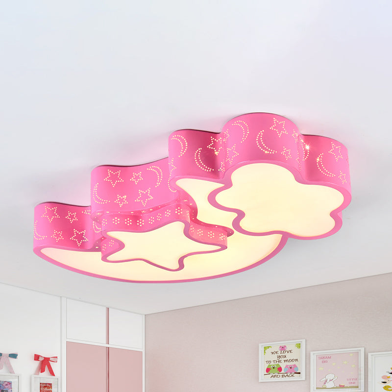 Etched Moon Star Ceiling Light Metal Contemporary Flush Mount Light in Blue for Child Bedroom Pink Clearhalo 'Ceiling Lights' 'Close To Ceiling Lights' 'Close to ceiling' 'Flush mount' Lighting' 240929