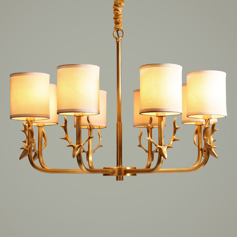 Nordic Cylindrical Chandelier Fabric Living Room Suspension Light with Antler Deco in Gold 8 Gold Clearhalo 'Ceiling Lights' 'Chandeliers' 'Modern Chandeliers' 'Modern' Lighting' 2409321