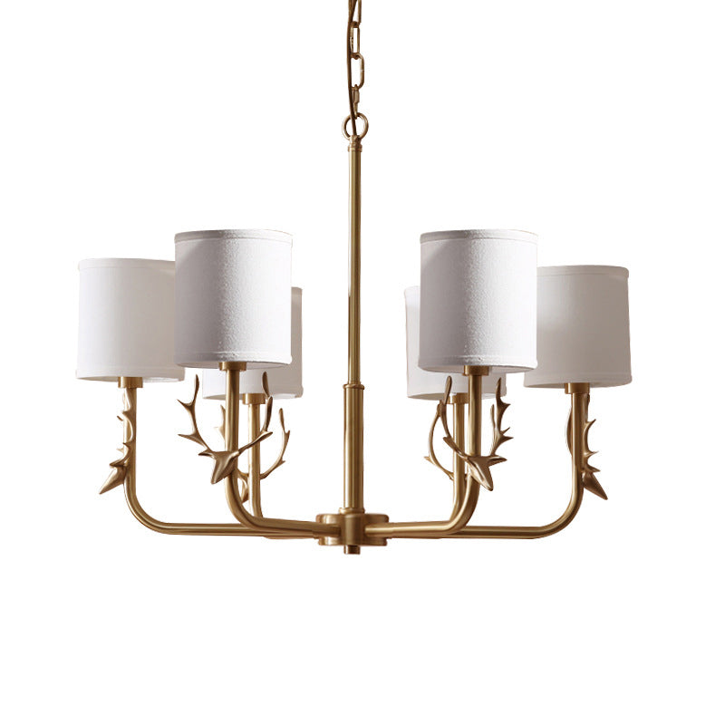 Nordic Cylindrical Chandelier Fabric Living Room Suspension Light with Antler Deco in Gold Clearhalo 'Ceiling Lights' 'Chandeliers' 'Modern Chandeliers' 'Modern' Lighting' 2409325