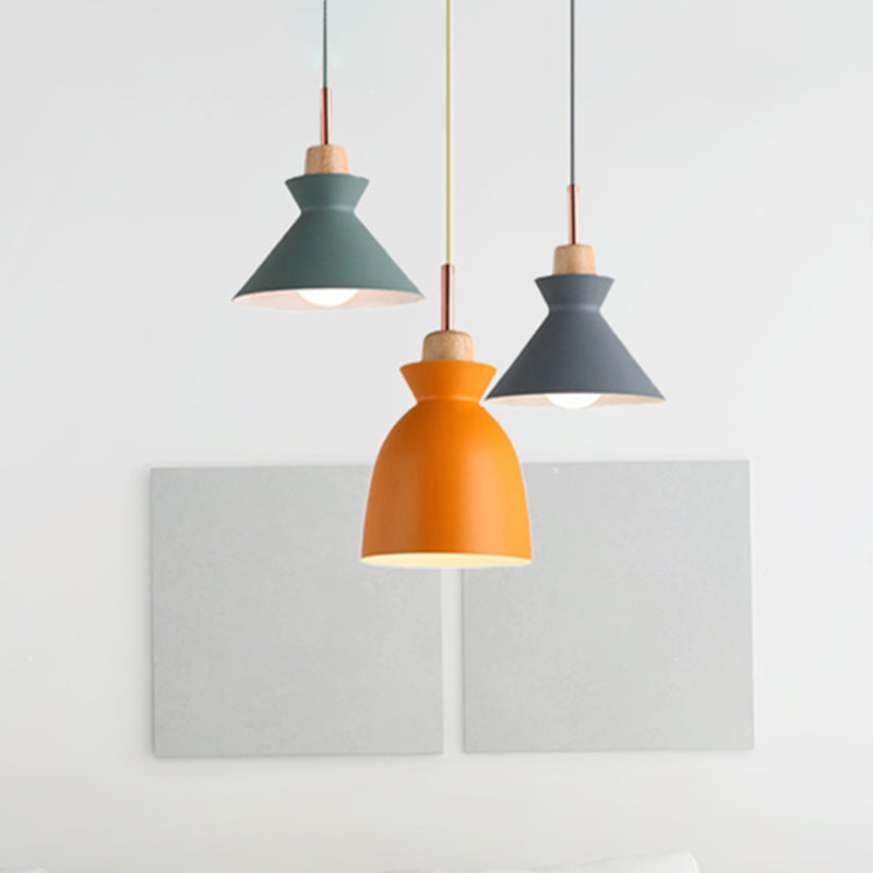 Multi-Color Cone and Dome Hanging Lighting Modern 3 Lights Metal Pendant Ceiling Light with Linear/Round Canopy Yellow-Green-Grey B Round Clearhalo 'Ceiling Lights' 'Modern Pendants' 'Modern' 'Pendant Lights' 'Pendants' Lighting' 240965