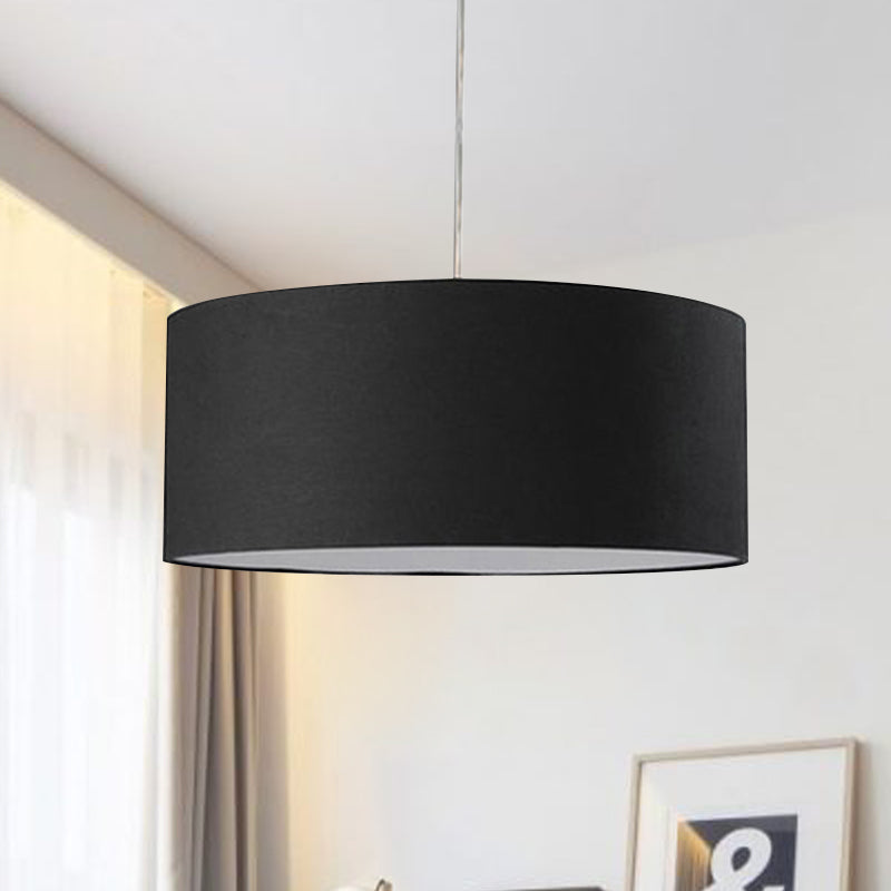 Drum Pendant Light Fixture Minimalism Fabric Black LED Hanging Ceiling Light, 12"/16"/19.5" Dia Black 12" Clearhalo 'Ceiling Lights' 'Modern Pendants' 'Modern' 'Pendant Lights' 'Pendants' Lighting' 240973