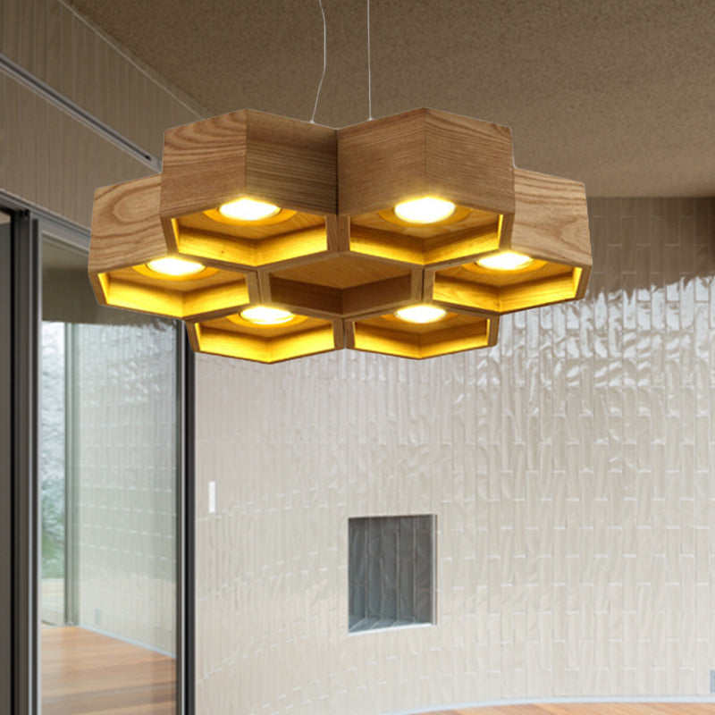 Honeycomb Chandelier Pendant Light Modern Wooden 6-Light Living Room Ceiling Light Fixture Clearhalo 'Ceiling Lights' 'Chandeliers' Lighting' options 241099