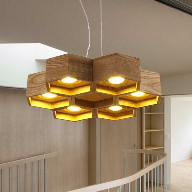 Honeycomb Chandelier Pendant Light Modern Wooden 6-Light Living Room Ceiling Light Fixture Clearhalo 'Ceiling Lights' 'Chandeliers' Lighting' options 241100