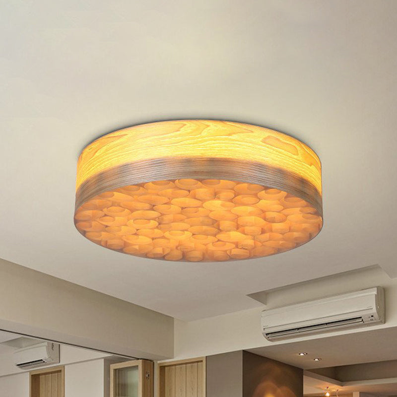 Contemporary Chinese Single Light Ceiling Lamp with Wood Shade Beige Round Flush Mount Light Fixture for Living Room Wood Clearhalo 'Ceiling Lights' 'Close To Ceiling Lights' 'Close to ceiling' 'Flush mount' Lighting' 241119