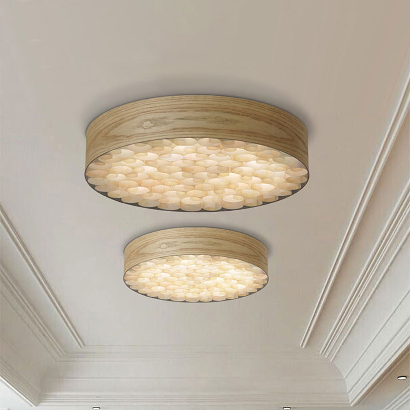 Contemporary Chinese Single Light Ceiling Lamp with Wood Shade Beige Round Flush Mount Light Fixture for Living Room Clearhalo 'Ceiling Lights' 'Close To Ceiling Lights' 'Close to ceiling' 'Flush mount' Lighting' 241120