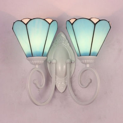 White Finish Cone Wall Mount Light Stained Glass 2 Lights Modern Tiffany Wall Lamp in White/Blue Blue Clearhalo 'Industrial' 'Middle century wall lights' 'Tiffany wall lights' 'Tiffany' 'Wall Lamps & Sconces' 'Wall Lights' Lighting' 24122