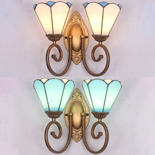 Stained Glass Conical Sconce Light Vintage 2 Lights Wall Mount Light in White/Blue for Bedroom Clearhalo 'Industrial' 'Middle century wall lights' 'Tiffany wall lights' 'Tiffany' 'Wall Lamps & Sconces' 'Wall Lights' Lighting' 24124