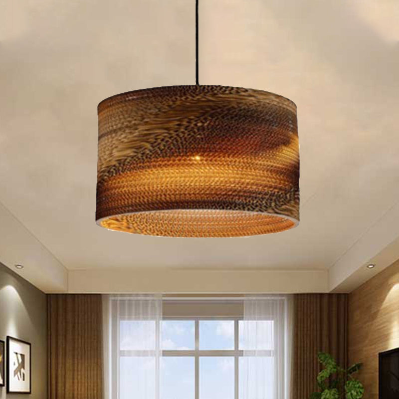 Asian Drum Shade Ceiling Drop Light Paper 1 Light Hanging Lamp for Restaurant Dining Room Brown Clearhalo 'Ceiling Lights' 'Pendant Lights' 'Pendants' Lighting' 241331_9b09825a-17c2-4df8-99eb-1de376ec1f50