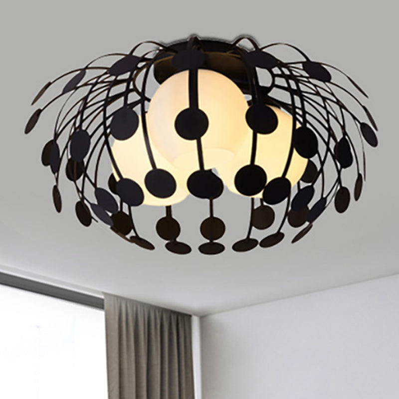 Oval Metal Semi Flush Lighting Modernist 3 Lights White/Black Semi Flush Mount Lamp with Milk Glass Globe Shade Black Clearhalo 'Ceiling Lights' 'Close To Ceiling Lights' 'Close to ceiling' 'Semi-flushmount' Lighting' 241450