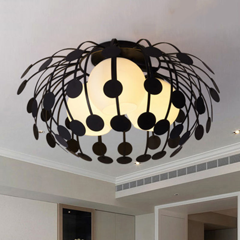 Oval Metal Semi Flush Lighting Modernist 3 Lights White/Black Semi Flush Mount Lamp with Milk Glass Globe Shade Clearhalo 'Ceiling Lights' 'Close To Ceiling Lights' 'Close to ceiling' 'Semi-flushmount' Lighting' 241451