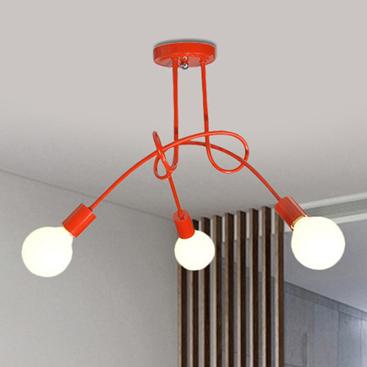 Curved Arm Semi Flush Lighting Contemporary Metal 3/5 Lights Blue/Red Semi Flush Ceiling Lamp Fixture 3 Red Clearhalo 'Ceiling Lights' 'Close To Ceiling Lights' 'Close to ceiling' 'Semi-flushmount' Lighting' 241504