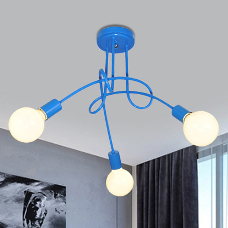 Curved Arm Semi Flush Lighting Contemporary Metal 3/5 Lights Blue/Red Semi Flush Ceiling Lamp Fixture 3 Blue Clearhalo 'Ceiling Lights' 'Close To Ceiling Lights' 'Close to ceiling' 'Semi-flushmount' Lighting' 241506