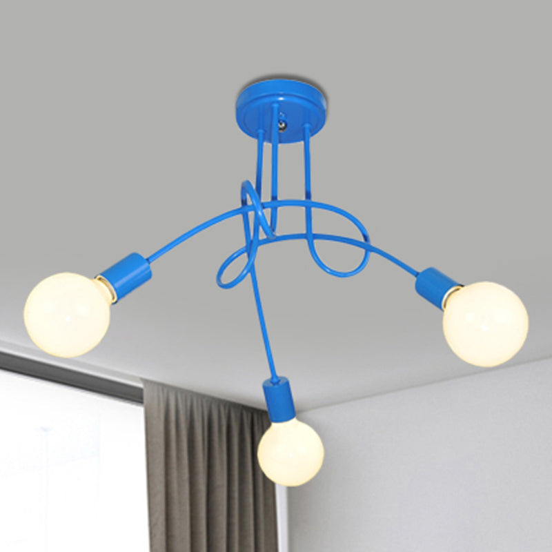 Curved Arm Semi Flush Lighting Contemporary Metal 3/5 Lights Blue/Red Semi Flush Ceiling Lamp Fixture Clearhalo 'Ceiling Lights' 'Close To Ceiling Lights' 'Close to ceiling' 'Semi-flushmount' Lighting' 241507