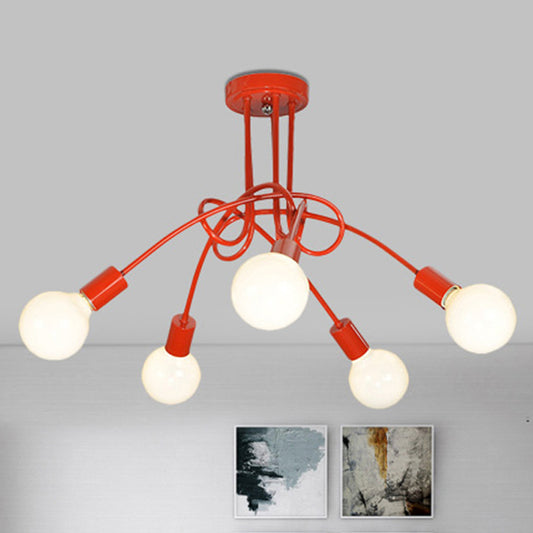 Curved Arm Semi Flush Lighting Contemporary Metal 3/5 Lights Blue/Red Semi Flush Ceiling Lamp Fixture 5 Red Clearhalo 'Ceiling Lights' 'Close To Ceiling Lights' 'Close to ceiling' 'Semi-flushmount' Lighting' 241508