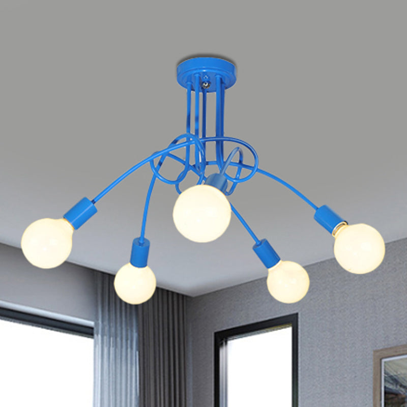 Curved Arm Semi Flush Lighting Contemporary Metal 3/5 Lights Blue/Red Semi Flush Ceiling Lamp Fixture 5 Blue Clearhalo 'Ceiling Lights' 'Close To Ceiling Lights' 'Close to ceiling' 'Semi-flushmount' Lighting' 241510