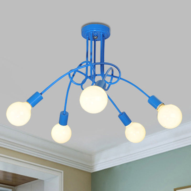 Curved Arm Semi Flush Lighting Contemporary Metal 3/5 Lights Blue/Red Semi Flush Ceiling Lamp Fixture Clearhalo 'Ceiling Lights' 'Close To Ceiling Lights' 'Close to ceiling' 'Semi-flushmount' Lighting' 241511