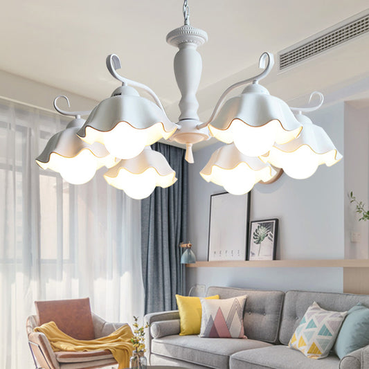 6-Light Ruffle Hanging Lamp Korean Flower Ceramic Chandelier Light for Living Room White Clearhalo 'Ceiling Lights' 'Chandeliers' Lighting' 2415151