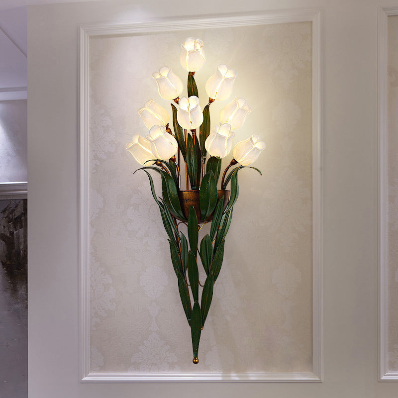 Glass Bouquet Wall Sconce Romantic Pastoral Corridor Flush Mount Wall Light in Green Clearhalo 'Wall Lamps & Sconces' 'Wall Lights' Lighting' 2415159