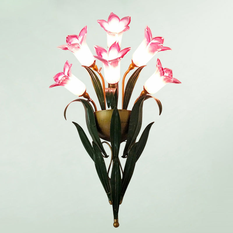 Glass Bouquet Wall Sconce Romantic Pastoral Corridor Flush Mount Wall Light in Green 6.0 Green Colorful Flower Clearhalo 'Wall Lamps & Sconces' 'Wall Lights' Lighting' 2415160