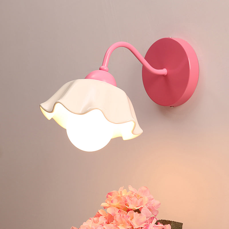 Ceramic Ruffled Wall Lamp Fixture Korean Flower 1-Light Bedroom Wall Sconce Light Pink Clearhalo 'Wall Lamps & Sconces' 'Wall Lights' Lighting' 2415176