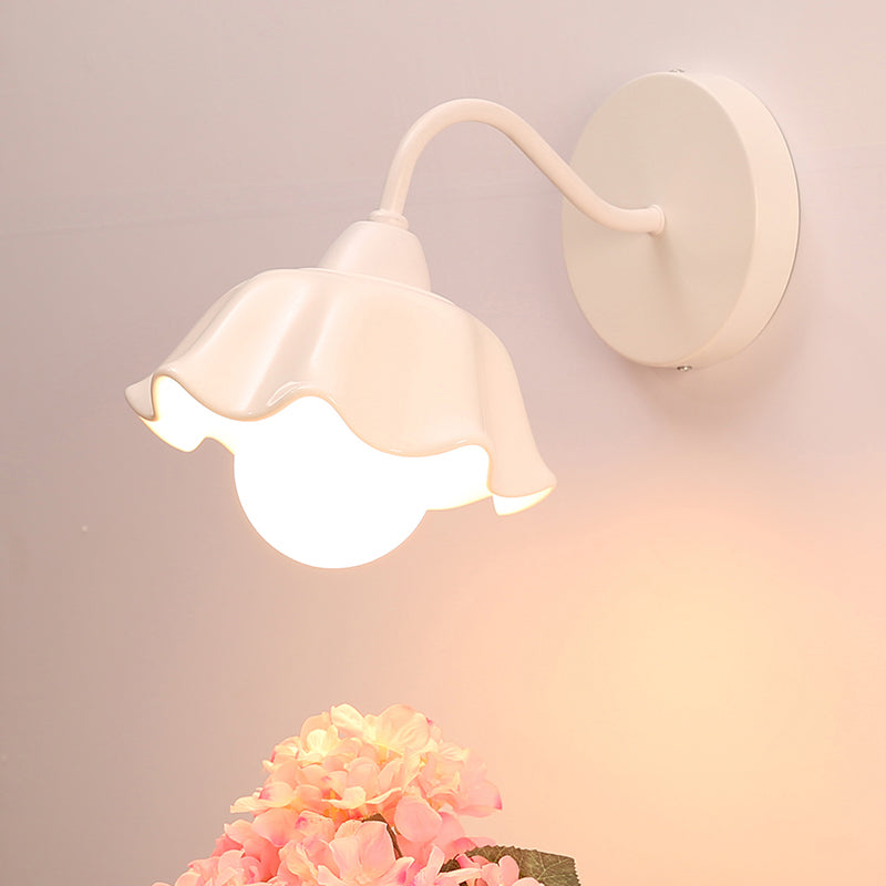 Ceramic Ruffled Wall Lamp Fixture Korean Flower 1-Light Bedroom Wall Sconce Light White Clearhalo 'Wall Lamps & Sconces' 'Wall Lights' Lighting' 2415177