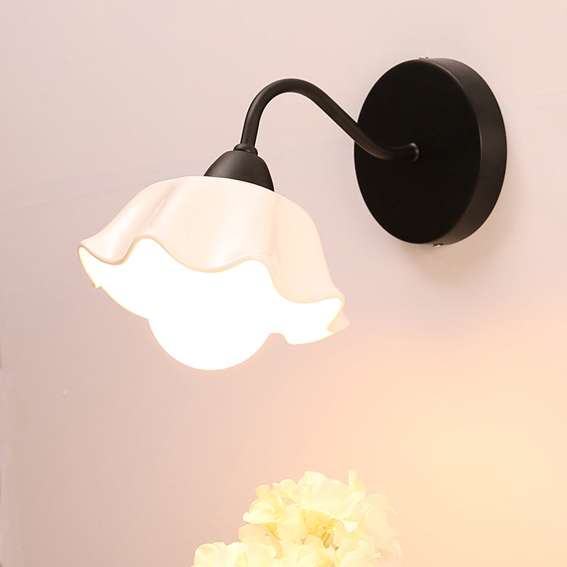 Ceramic Ruffled Wall Lamp Fixture Korean Flower 1-Light Bedroom Wall Sconce Light Black Clearhalo 'Wall Lamps & Sconces' 'Wall Lights' Lighting' 2415178