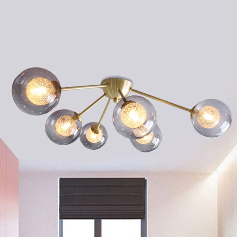 Modern Global Semi Flush Mount Clear/Amber/Smoke Glass 3/6 Lights Led Bedroom Semi Flush Mount Light Fixture in Gold 6 Smoke Gray Clearhalo 'Ceiling Lights' 'Close To Ceiling Lights' 'Close to ceiling' 'Glass shade' 'Glass' 'Semi-flushmount' Lighting' 241520