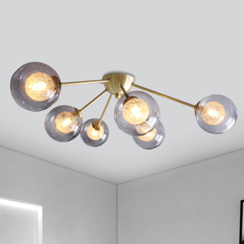 Modern Global Semi Flush Mount Clear/Amber/Smoke Glass 3/6 Lights Led Bedroom Semi Flush Mount Light Fixture in Gold Clearhalo 'Ceiling Lights' 'Close To Ceiling Lights' 'Close to ceiling' 'Glass shade' 'Glass' 'Semi-flushmount' Lighting' 241521