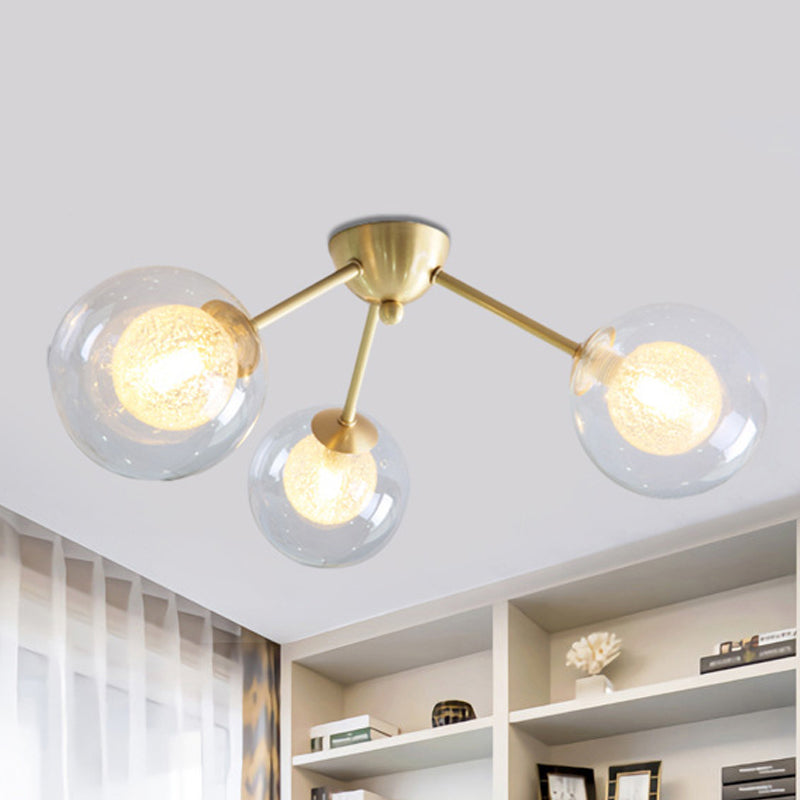 Modern Global Semi Flush Mount Clear/Amber/Smoke Glass 3/6 Lights Led Bedroom Semi Flush Mount Light Fixture in Gold 3 Clear Clearhalo 'Ceiling Lights' 'Close To Ceiling Lights' 'Close to ceiling' 'Glass shade' 'Glass' 'Semi-flushmount' Lighting' 241522