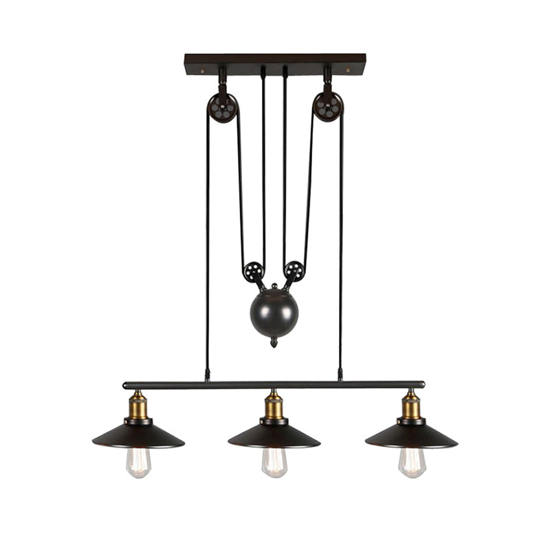 Black Wide Flare Pulley Pendant Light Industrial 3 Bulbs Restaurant Hanging Island Light Black Clearhalo 'Ceiling Lights' 'Island Lights' Lighting' 2415222