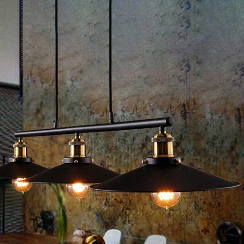 Black Wide Flare Pulley Pendant Light Industrial 3 Bulbs Restaurant Hanging Island Light Clearhalo 'Ceiling Lights' 'Island Lights' Lighting' 2415224