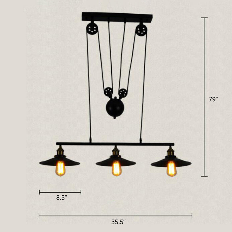 Black Wide Flare Pulley Pendant Light Industrial 3 Bulbs Restaurant Hanging Island Light Clearhalo 'Ceiling Lights' 'Island Lights' Lighting' 2415225