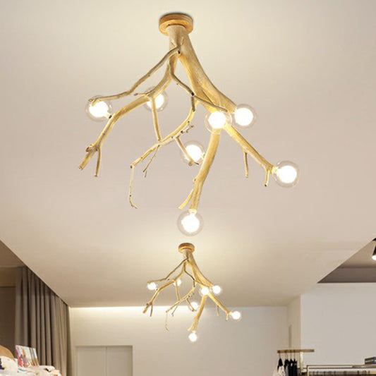 Wood Tree Branch Ceiling Light Japanese Style 8-Bulb Metal Semi Flush Mount Light for Dining Room Clearhalo 'Ceiling Lights' 'Close To Ceiling Lights' 'Close to ceiling' 'Semi-flushmount' Lighting' 2415232