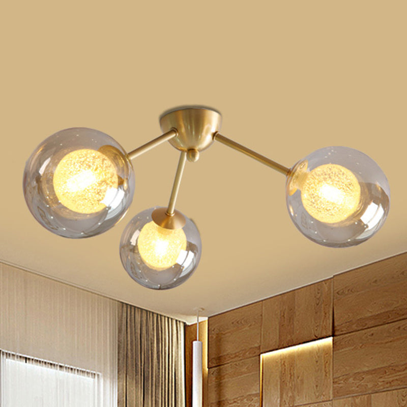 Modern Global Semi Flush Mount Clear/Amber/Smoke Glass 3/6 Lights Led Bedroom Semi Flush Mount Light Fixture in Gold 3 Amber Clearhalo 'Ceiling Lights' 'Close To Ceiling Lights' 'Close to ceiling' 'Glass shade' 'Glass' 'Semi-flushmount' Lighting' 241524