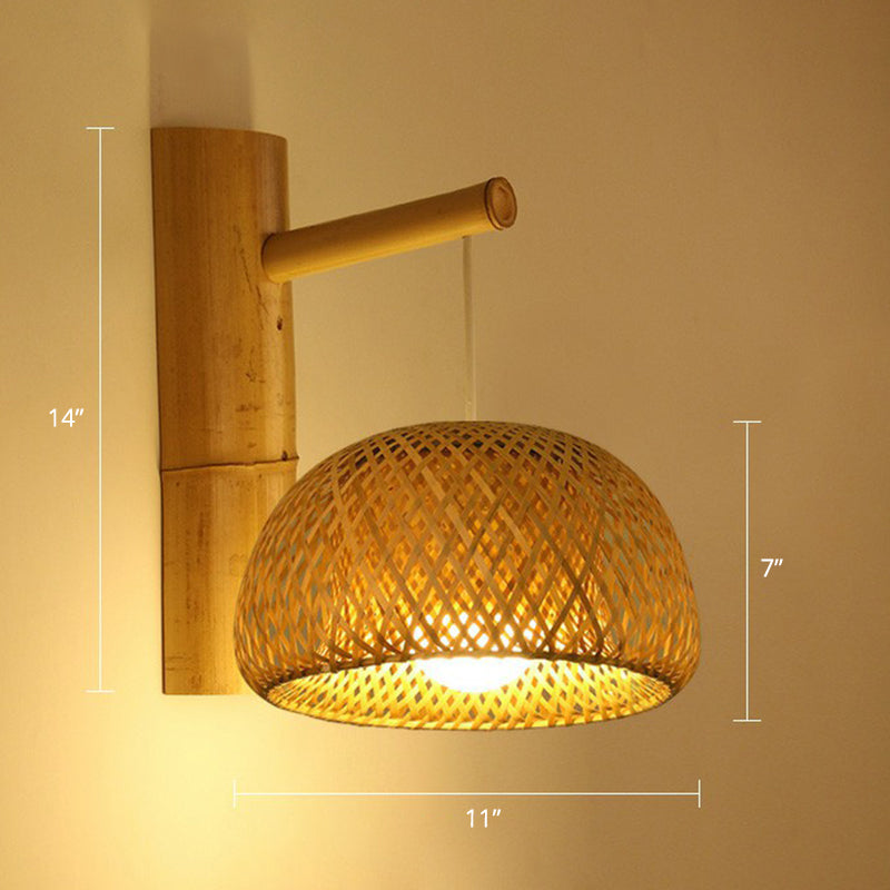 Bamboo Weaving Lantern Wall Sconce Chinese 1 Head Wood Wall Hanging Light for Corridor Wood Dome Clearhalo 'Modern wall lights' 'Modern' 'Wall Lamps & Sconces' 'Wall Lights' Lighting' 2415241