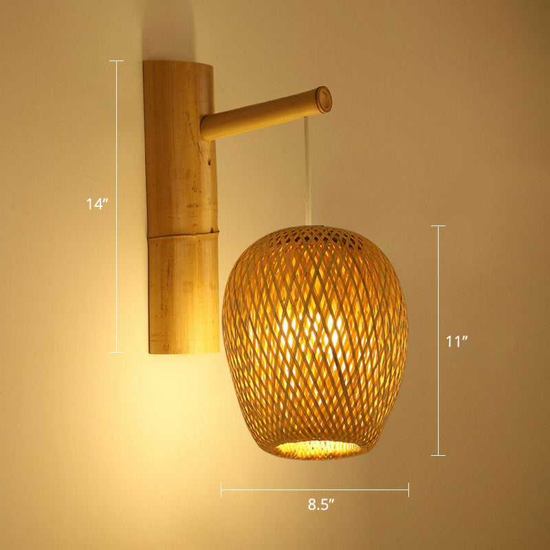 Bamboo Weaving Lantern Wall Sconce Chinese 1 Head Wood Wall Hanging Light for Corridor Wood Oval Clearhalo 'Modern wall lights' 'Modern' 'Wall Lamps & Sconces' 'Wall Lights' Lighting' 2415242