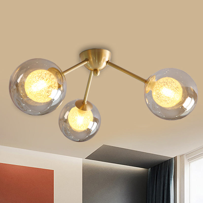 Modern Global Semi Flush Mount Clear/Amber/Smoke Glass 3/6 Lights Led Bedroom Semi Flush Mount Light Fixture in Gold Clearhalo 'Ceiling Lights' 'Close To Ceiling Lights' 'Close to ceiling' 'Glass shade' 'Glass' 'Semi-flushmount' Lighting' 241525