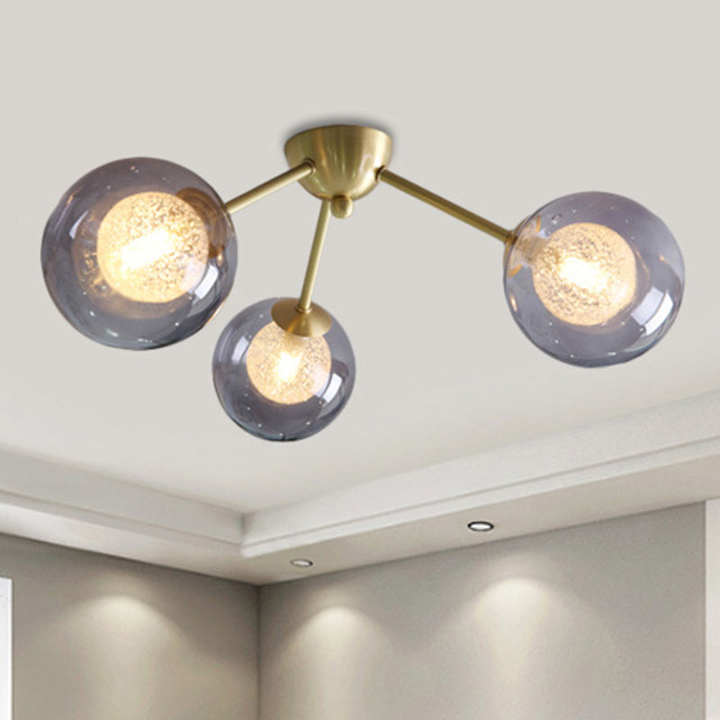 Modern Global Semi Flush Mount Clear/Amber/Smoke Glass 3/6 Lights Led Bedroom Semi Flush Mount Light Fixture in Gold 3 Smoke Gray Clearhalo 'Ceiling Lights' 'Close To Ceiling Lights' 'Close to ceiling' 'Glass shade' 'Glass' 'Semi-flushmount' Lighting' 241526
