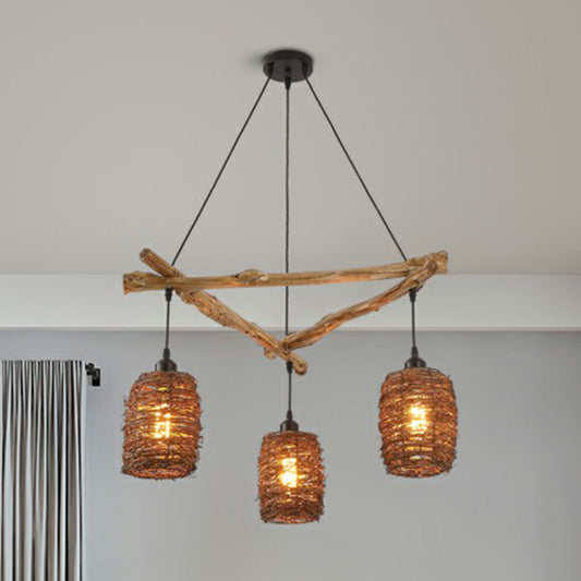 Nordic 3-Bulb Island Light Brown Branch Suspension Pendant with Wooden Shade for Bedroom Clearhalo 'Ceiling Lights' 'Island Lights' Lighting' 2415263