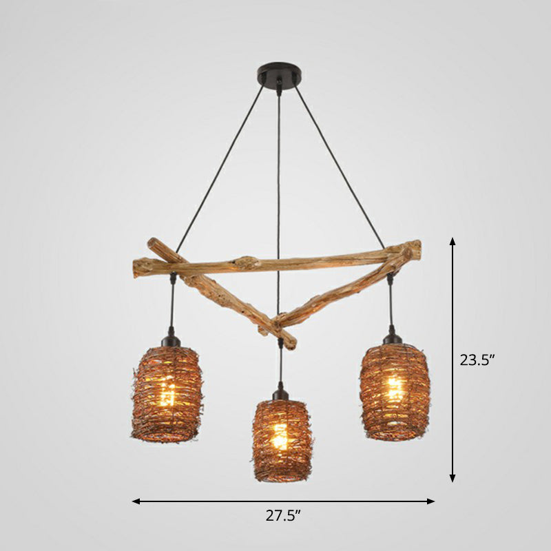 Nordic 3-Bulb Island Light Brown Branch Suspension Pendant with Wooden Shade for Bedroom Wood 27.5" Clearhalo 'Ceiling Lights' 'Island Lights' Lighting' 2415264