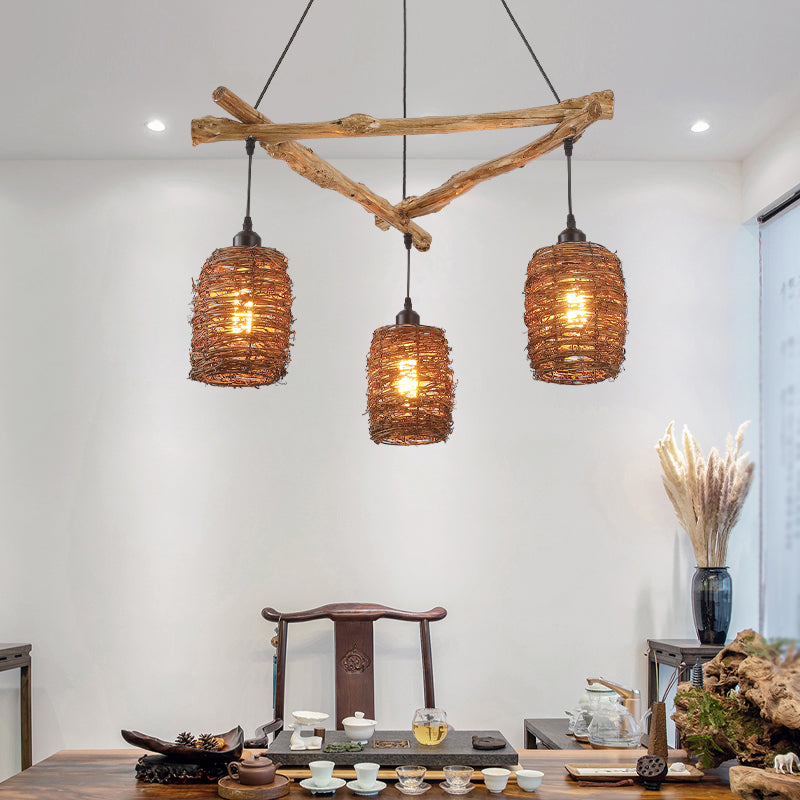 Nordic 3-Bulb Island Light Brown Branch Suspension Pendant with Wooden Shade for Bedroom Clearhalo 'Ceiling Lights' 'Island Lights' Lighting' 2415266