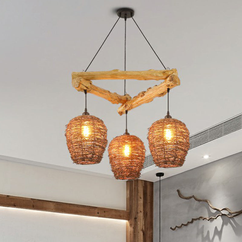 Nordic 3-Bulb Island Light Brown Branch Suspension Pendant with Wooden Shade for Bedroom Clearhalo 'Ceiling Lights' 'Island Lights' Lighting' 2415267