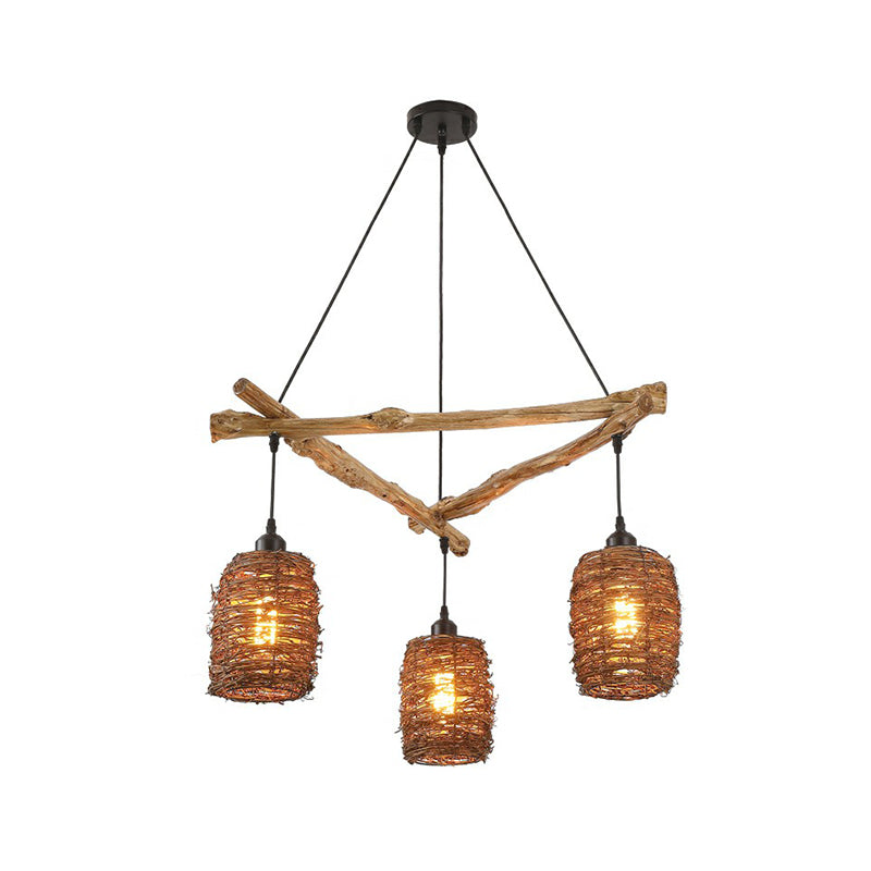 Nordic 3-Bulb Island Light Brown Branch Suspension Pendant with Wooden Shade for Bedroom Clearhalo 'Ceiling Lights' 'Island Lights' Lighting' 2415268