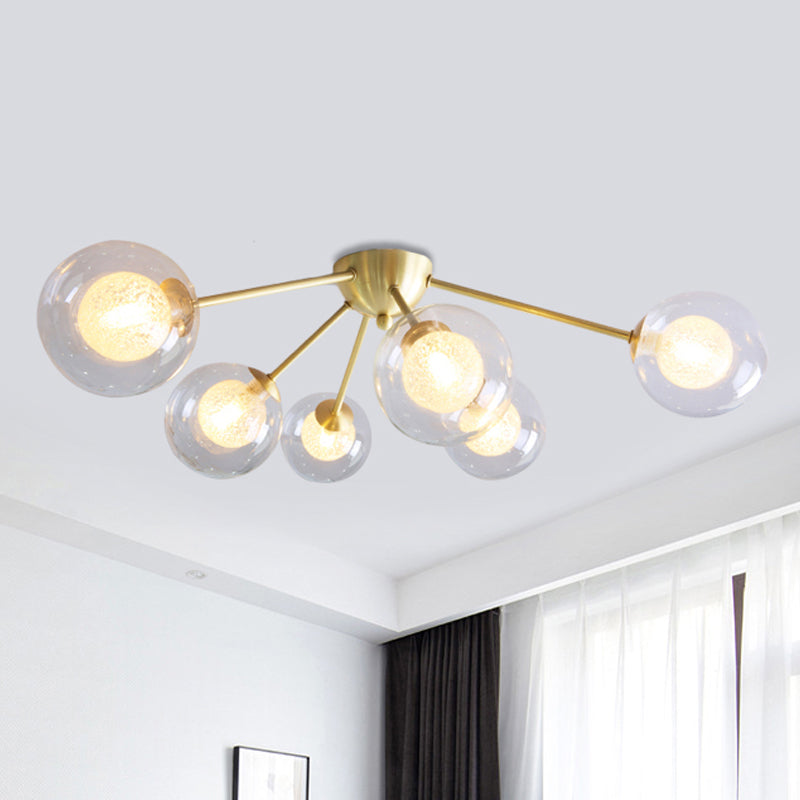 Modern Global Semi Flush Mount Clear/Amber/Smoke Glass 3/6 Lights Led Bedroom Semi Flush Mount Light Fixture in Gold Clearhalo 'Ceiling Lights' 'Close To Ceiling Lights' 'Close to ceiling' 'Glass shade' 'Glass' 'Semi-flushmount' Lighting' 241529