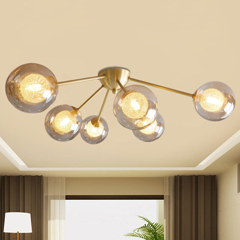 Modern Global Semi Flush Mount Clear/Amber/Smoke Glass 3/6 Lights Led Bedroom Semi Flush Mount Light Fixture in Gold 6 Amber Clearhalo 'Ceiling Lights' 'Close To Ceiling Lights' 'Close to ceiling' 'Glass shade' 'Glass' 'Semi-flushmount' Lighting' 241530