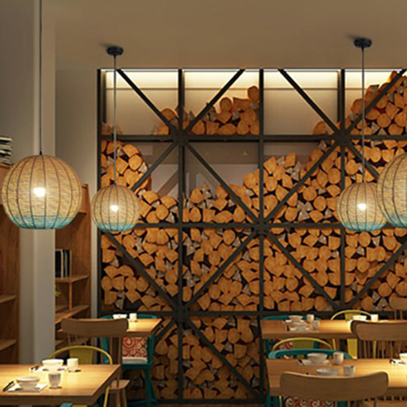 Asian Creative Spherical Pendant Lamp Rattan 1 Bulb Restaurant Ceiling Light in Wood and Blue Wood Clearhalo 'Ceiling Lights' 'Modern Pendants' 'Modern' 'Pendant Lights' 'Pendants' Lighting' 2415372