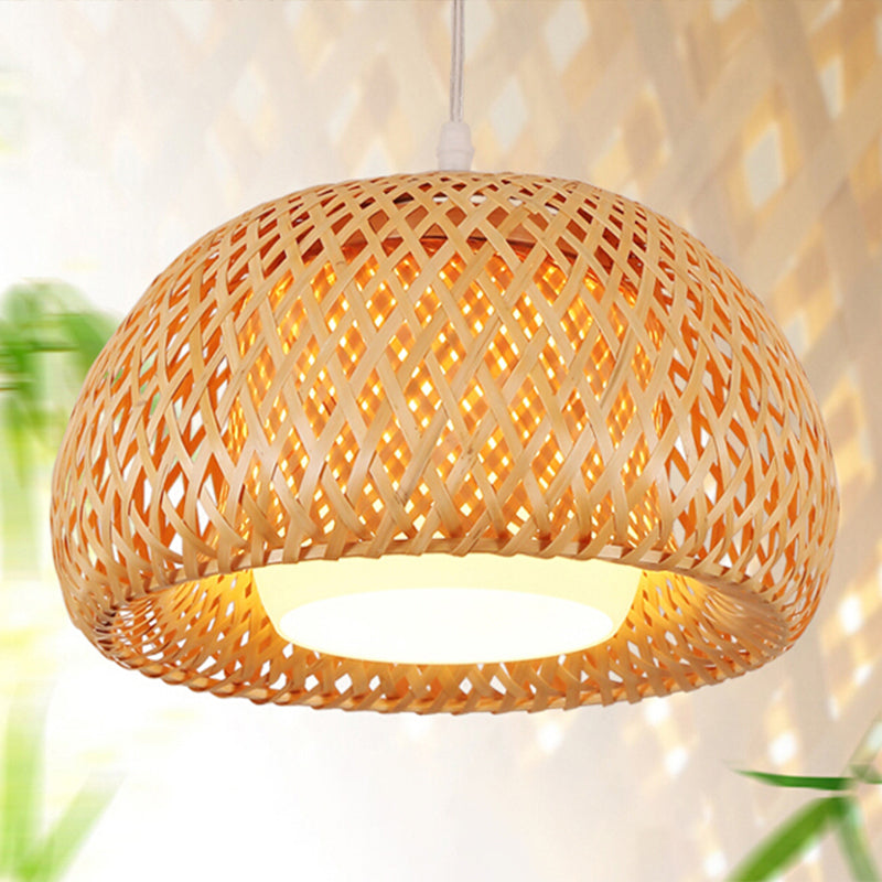 2-Layered Dome Ceiling Hang Lamp Simplicity Bamboo Single-Bulb Tea Room Pendant Light in Wood Clearhalo 'Ceiling Lights' 'Modern Pendants' 'Modern' 'Pendant Lights' 'Pendants' Lighting' 2415377