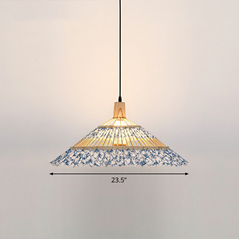 Bamboo Umbrella Pendant Light Chinoiserie 1 Head Suspension Lighting Fixture for Restaurant Light Blue 23.5" Clearhalo 'Ceiling Lights' 'Modern Pendants' 'Modern' 'Pendant Lights' 'Pendants' Lighting' 2415409