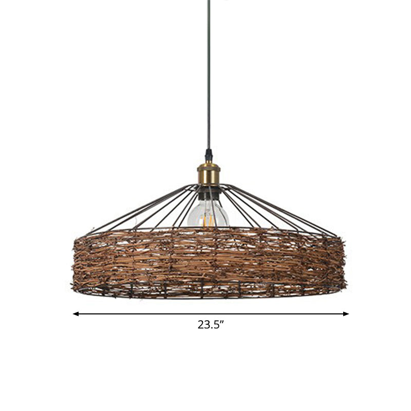 Rattan Barn Shaped Hanging Light Country Style 1 Bulb Brown Pendant for Dining Room Brown 23.5" Clearhalo 'Ceiling Lights' 'Modern Pendants' 'Modern' 'Pendant Lights' 'Pendants' Lighting' 2415413