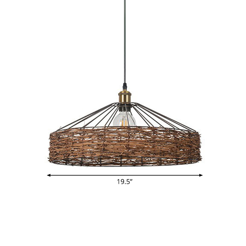 Rattan Barn Shaped Hanging Light Country Style 1 Bulb Brown Pendant for Dining Room Brown 19.5" Clearhalo 'Ceiling Lights' 'Modern Pendants' 'Modern' 'Pendant Lights' 'Pendants' Lighting' 2415415